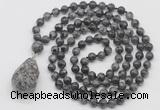 GMN4934 Hand-knotted 8mm, 10mm black labradorite 108 beads mala necklace with pendant