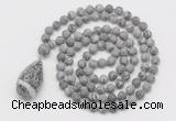 GMN5020 Hand-knotted 8mm, 10mm matte grey picture jasper 108 beads mala necklace with pendant