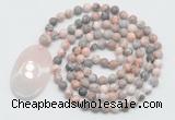 GMN5058 Hand-knotted 8mm, 10mm pink zebra jasper 108 beads mala necklace with pendant