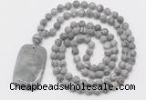 GMN5124 Hand-knotted 8mm, 10mm matte grey picture jasper 108 beads mala necklace with pendant