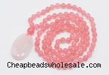 GMN5145 Hand-knotted 8mm, 10mm cherry quartz 108 beads mala necklace with pendant