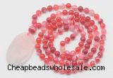 GMN5151 Hand-knotted 8mm, 10mm red banded agate 108 beads mala necklace with pendant