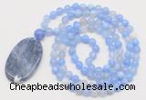 GMN5153 Hand-knotted 8mm, 10mm blue banded agate 108 beads mala necklace with pendant