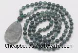 GMN5216 Hand-knotted 8mm, 10mm moss agate 108 beads mala necklace with pendant