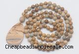 GMN5223 Hand-knotted 8mm, 10mm picture jasper 108 beads mala necklace with pendant