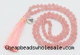 GMN5706 Hand-knotted 6mm matte cherry quartz 108 beads mala necklaces with tassel & charm