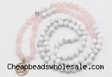 GMN6003 Knotted 8mm, 10mm rose quartz & white howlite 108 beads mala necklace with charm