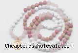 GMN6004 Knotted 8mm, 10mm white howlite, pink jasper & rose quartz 108 beads mala necklace with charm