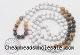 GMN6008 Knotted 8mm, 10mm matte white howlite & mixed gemstone 108 beads mala necklace with charm