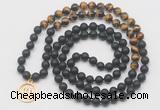 GMN6011 Knotted 8mm, 10mm matte black agate & yellow tiger eye 108 beads mala necklace with charm