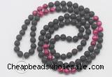 GMN6016 Knotted 8mm, 10mm black lava & red tiger eye 108 beads mala necklace with charm