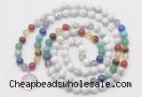 GMN6021 Knotted 7 Chakra 8mm, 10mm white howlite 108 beads mala necklace with charm