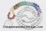 GMN6022 Knotted 7 Chakra 8mm, 10mm white howlite 108 beads mala necklace with charm