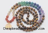 GMN6024 Knotted 7 Chakra 8mm, 10mm yellow tiger eye 108 beads mala necklace with charm