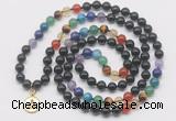 GMN6027 Knotted 7 Chakra 8mm, 10mm black obsidian 108 beads mala necklace with charm