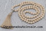 GMN604 Hand-knotted 8mm, 10mm white fossil jasper 108 beads mala necklaces with tassel