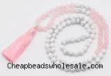 GMN6102 Knotted 8mm, 10mm rose quartz & white howlite 108 beads mala necklace with tassel