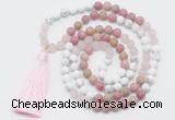 GMN6104 Knotted 8mm, 10mm white howlite, pink jasper & rose quartz 108 beads mala necklace with tassel