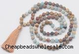 GMN6106 Knotted 8mm, 10mm matte mixed amazonite & jasper 108 beads mala necklace with tassel