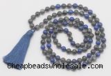 GMN6112 Knotted 8mm, 10mm black labradorite & lapis lazuli 108 beads mala necklace with tassel