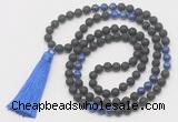 GMN6114 Knotted 8mm, 10mm black lava & lapis lazuli 108 beads mala necklace with tassel