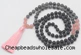 GMN6117 Knotted 8mm, 10mm matte black agate, black labradorite & rose quartz 108 beads mala necklace with tassel