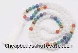 GMN6119 Knotted 7 Chakra 8mm, 10mm white jade 108 beads mala necklace with tassel