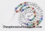 GMN6121 Knotted 7 Chakra 8mm, 10mm white howlite 108 beads mala necklace with tassel