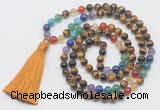 GMN6123 Knotted 7 Chakra 8mm, 10mm yellow tiger eye 108 beads mala necklace with tassel