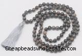 GMN6131 Knotted 8mm, 10mm grey opal 108 beads mala necklace with tassel