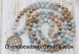 GMN6144 Knotted 8mm, 10mm matte amazonite & picture jasper 108 beads mala necklace with charm