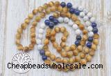 GMN6157 Knotted 8mm, 10mm golden tiger eye, lapis lazuli & matte white howlite 108 beads mala necklace with charm