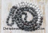 GMN6159 Knotted 8mm, 10mm snowflake obsidian, garnet & matte white howlite 108 beads mala necklace with charm