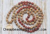 GMN6160 Knotted 8mm, 10mm picture jasper & red jasper 108 beads mala necklace with charm