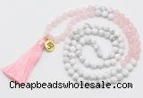 GMN6202 Knotted rose quartz & white howlite 108 beads mala necklace with tassel & charm