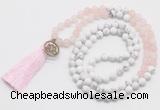 GMN6203 Knotted matte rose quartz & white howlite 108 beads mala necklace with tassel & charm