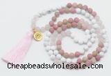 GMN6204 Knotted white howlite, pink jasper & rose quartz 108 beads mala necklace with tassel & charm