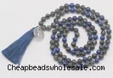 GMN6212 Knotted black labradorite & lapis lazuli 108 beads mala necklace with tassel & charm