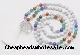 GMN6221 Knotted 7 Chakra white howlite 108 beads mala necklace with tassel & charm