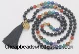 GMN6227 Knotted 7 Chakra black obsidian 108 beads mala necklace with tassel & charm