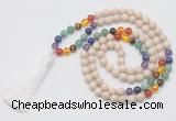 GMN6235 Knotted 7 Chakra 8mm, 10mm white fossil jasper 108 beads mala necklace with tassel