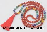 GMN6241 Knotted 7 Chakra 8mm, 10mm red agate 108 beads mala necklace with tassel