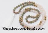 GMN6249 Knotted 8mm, 10mm unakite, white jade & hematite 108 beads mala necklace with tassel