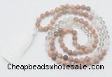 GMN6254 Knotted 8mm, 10mm sunstone, white crystal & white jade 108 beads mala necklace with tassel