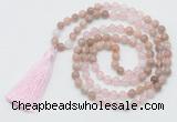 GMN6255 Knotted 8mm, 10mm sunstone, rose quartz & white jade 108 beads mala necklace with tassel