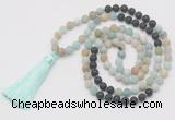 GMN6263 Knotted 8mm, 10mm matte amazonite & black lava 108 beads mala necklace with tassel