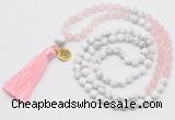 GMN6302 Knotted rose quartz & white howlite 108 beads mala necklace with tassel & charm