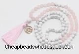 GMN6303 Knotted matte rose quartz & white howlite 108 beads mala necklace with tassel & charm