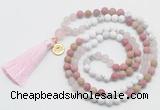 GMN6304 Knotted white howlite, pink jasper & rose quartz 108 beads mala necklace with tassel & charm