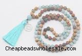 GMN6307 Knotted 8mm, 10mm matte amazonite & jasper 108 beads mala necklace with tassel & charm